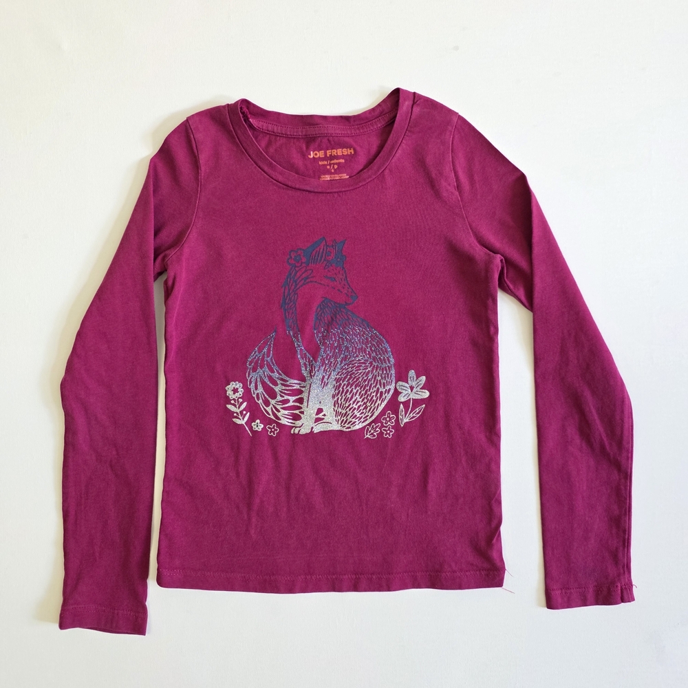Joe Fresh Magenta Long Sleeve Tee with Metallic Fox Graphic